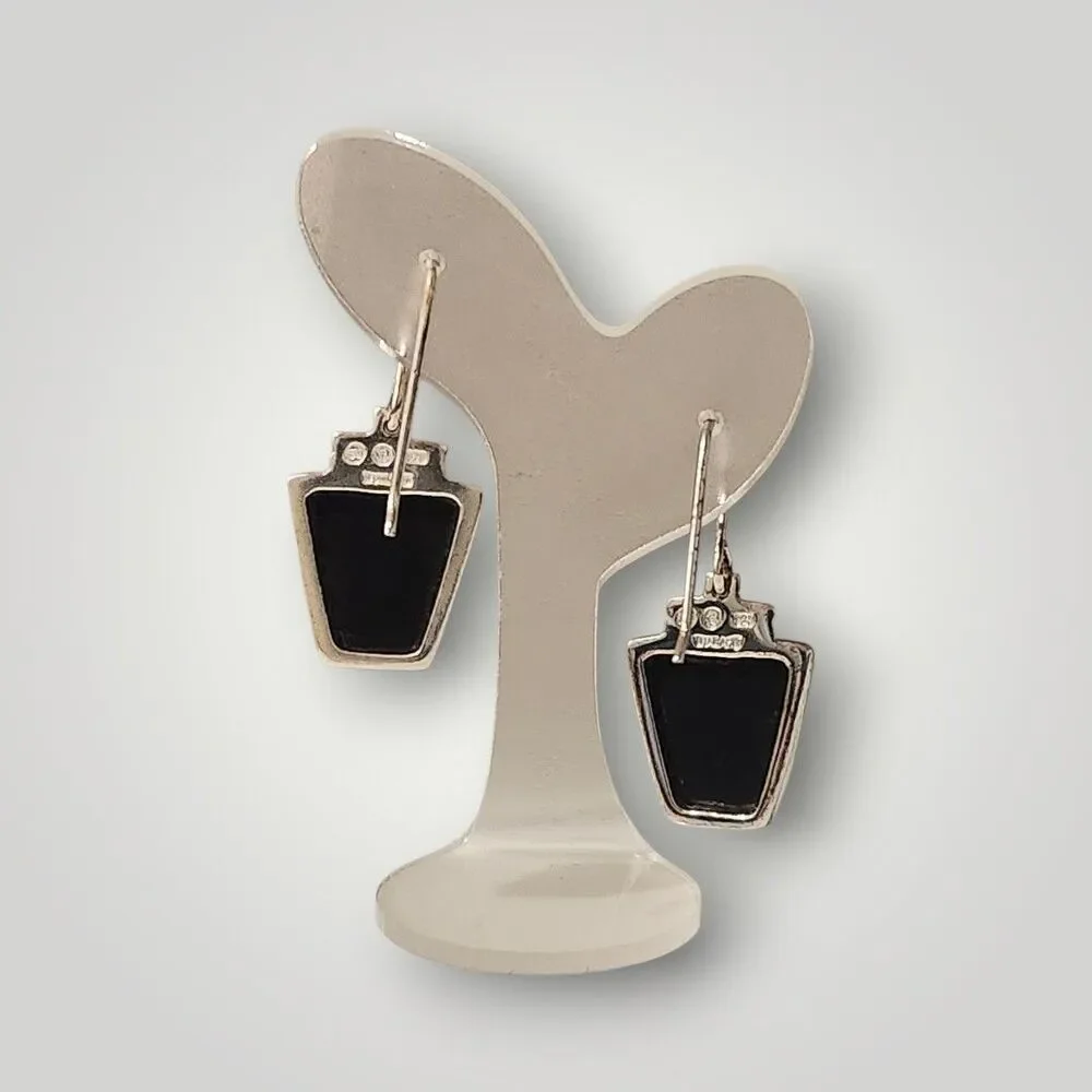 Vintage SU 925‎ Sterling Silver Onyx Inlay Dangle Pierced Hook Earrings 6g